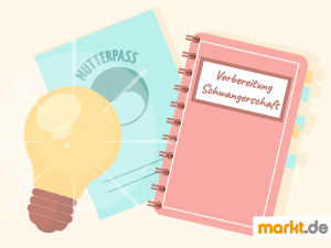Tipps und Informationen zur Schwangerschaft. Bild Mutterpass, Notizbuch und Glühbirne