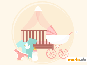 Tipps und Informationen zur Erstausstattung. Bild Kinderbett, Kinderwagen und Kinderkleidung