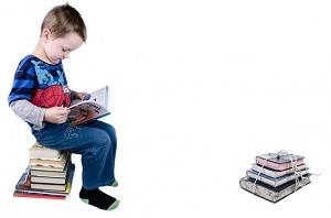 Ein Junge liest Bücher.