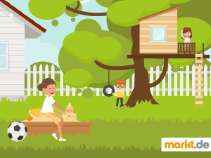 Tipps und Infos rund um einen kinderfreundlichen Garten. Grafik Garten mit Sandkasten und Baumhaus