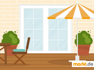 Die Terrasse ist ein schöner Platz zum Entspannen. Grafik Terrasse mit Möbeln und Schirm
