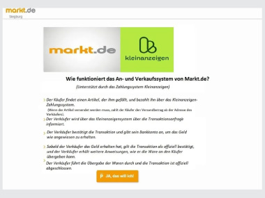 Betrugsmuster: Dem Verkäufer wird eine Email mit einem Fake-Screenshot von einer gefälschten Anleitung des vermeintlichen markt.de Bezahlsystems zugesandt, um den Verkäufer zu überreden, sich auf die spätere Anforderung der Zahlung über einen betrügerischen Link einzulassen.