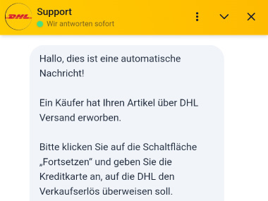 Betrugsmuster: Der Verkäufer wird auf eine gefälschte Seite gelockt, die so aussieht, als wäre sie von einem seriösen Dienstleister wie DHL, um dort Bank-/Kreditkarten-Daten abzugreifen.