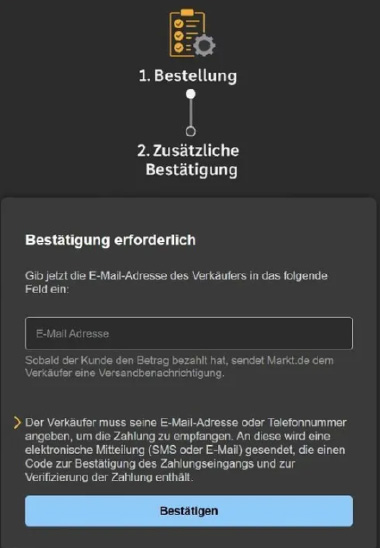 Screenshot eines Betrugsmusters. Betrüger versuchen, die E-Mail abzugreifen, indem vorgetäuscht wird, es handle sich um ein Benachrichtigungssystem von markt.de.
