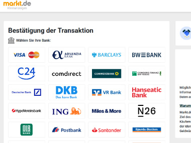 Screenshot eines Betrugsmusters, bei dem ein markt.de Bezahlsystem vorgegaukelt wird. Sieht aus wie eine markt.de Seite - ist aber keine.