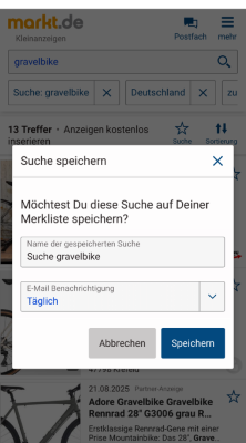 Dialogfenster zum Speichern einer Suche mit Eingabefeld und Auswahl für E-Mail-Benachrichtigung.