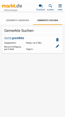 Übersicht gespeicherter Suchen mit Bearbeitungs- und Löschfunktion für die Suche gravelbike.