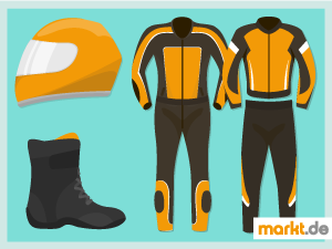 Kleidung zum Motorradfahren Bild Motorradkombi, Schuhe und Helm