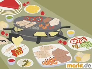 Perfekte Silvestermenü Bild Tisch mit Raclette und Beilagen