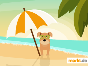 Für Hundebesitzer gibt es immer mehr Möglichkeiten mit seinem Vierbeiner zu verreisen Grafik Hund am Meer